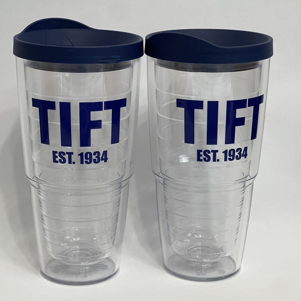 TIFT Tervis Tumblers Hot Cold Drinks with Lid Clear Blue 8 1/8"‎ High Lot of 2